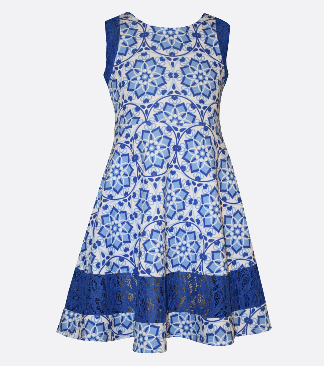 Bonnie Jean Mandala Print Dress with Lace Inserts